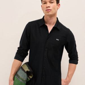 black woven textured regular fit casual shirt