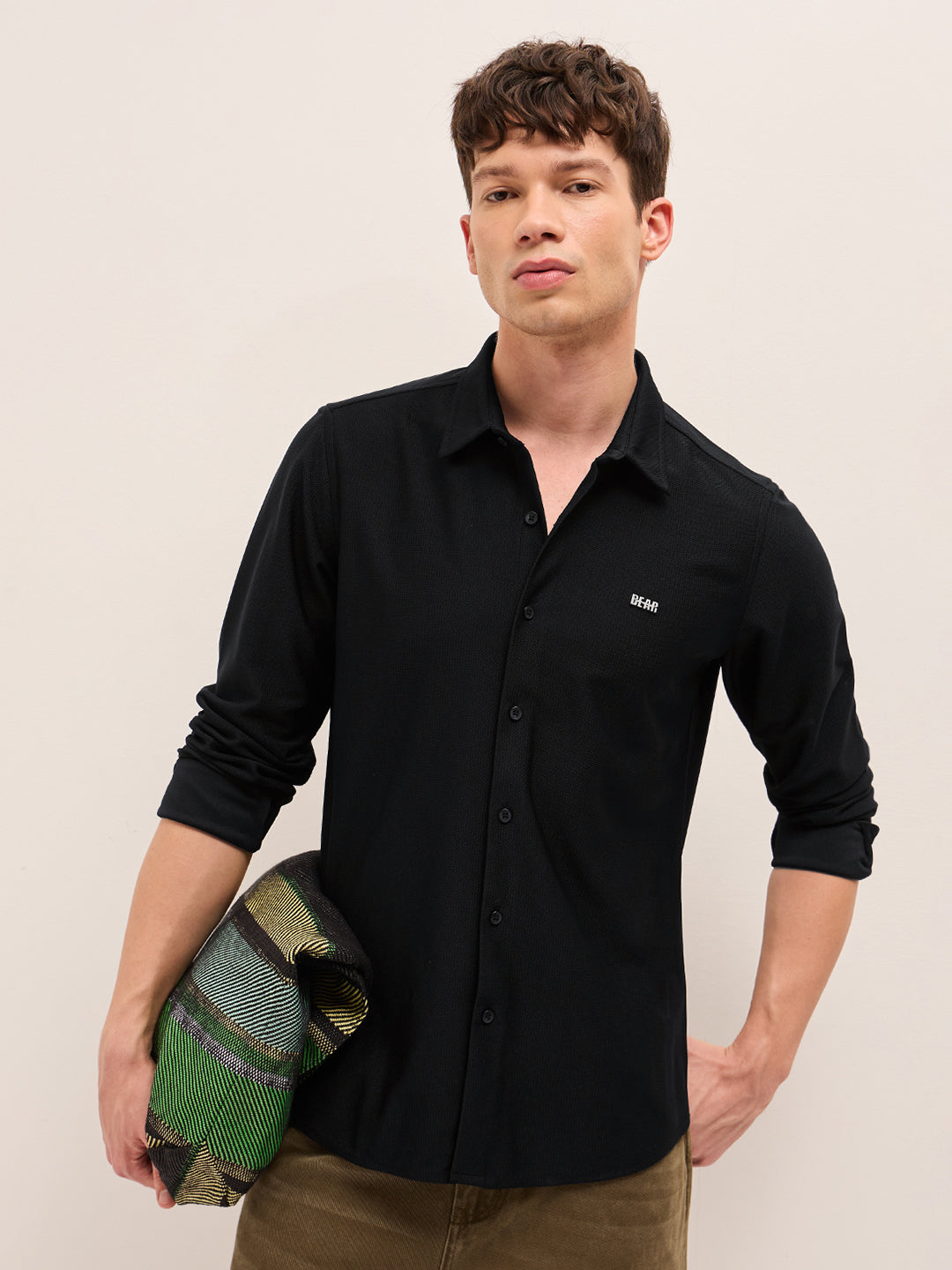 black woven textured regular fit casual shirt black woven textured regular fit casual shirt