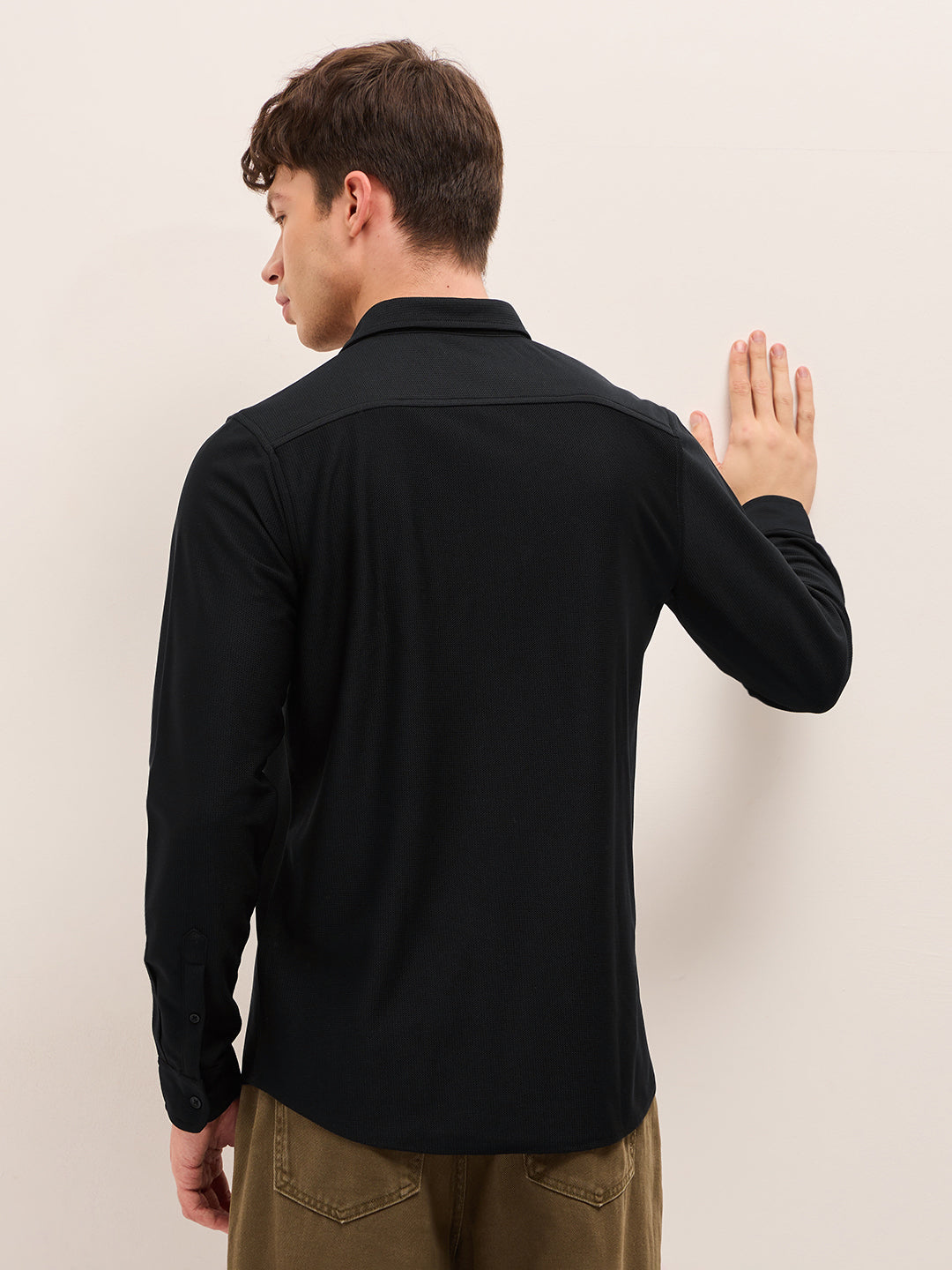 black woven textured regular fit casual shirt black woven textured regular fit casual shirt