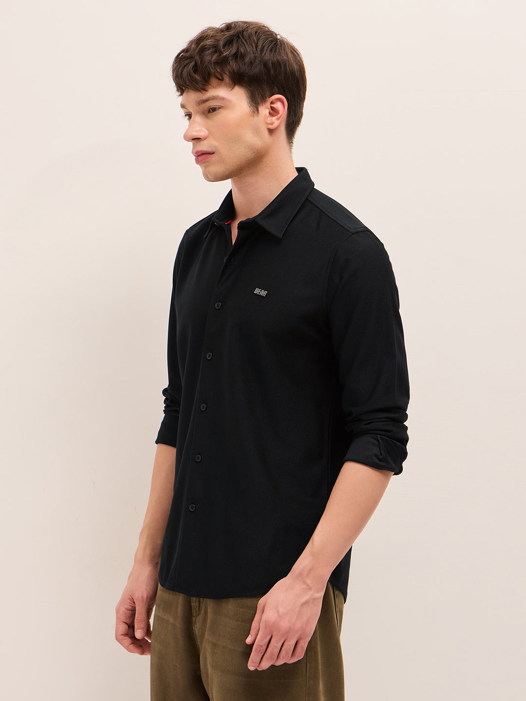 black woven textured regular fit casual shirt black woven textured regular fit casual shirt