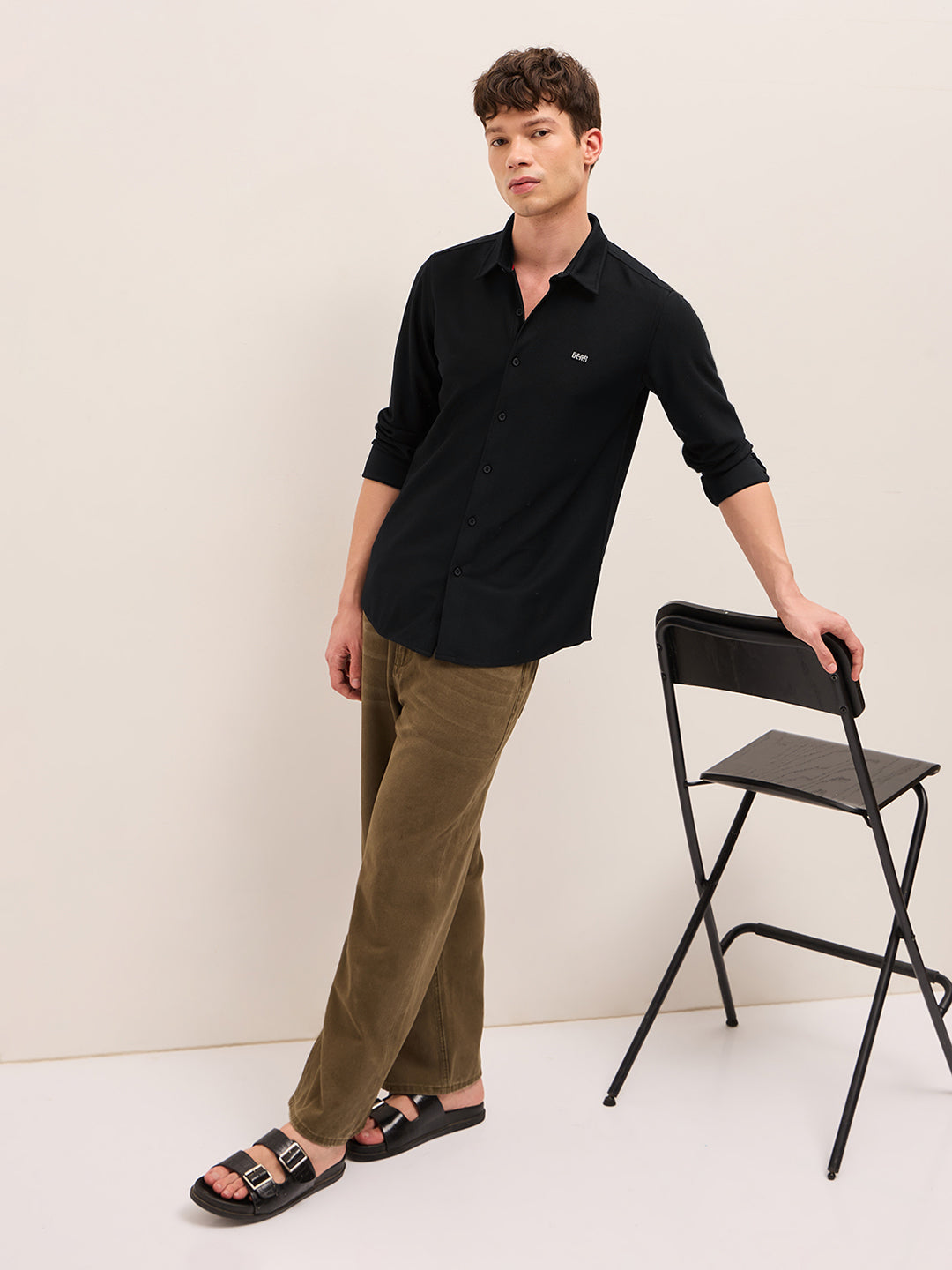 black woven textured regular fit casual shirt black woven textured regular fit casual shirt