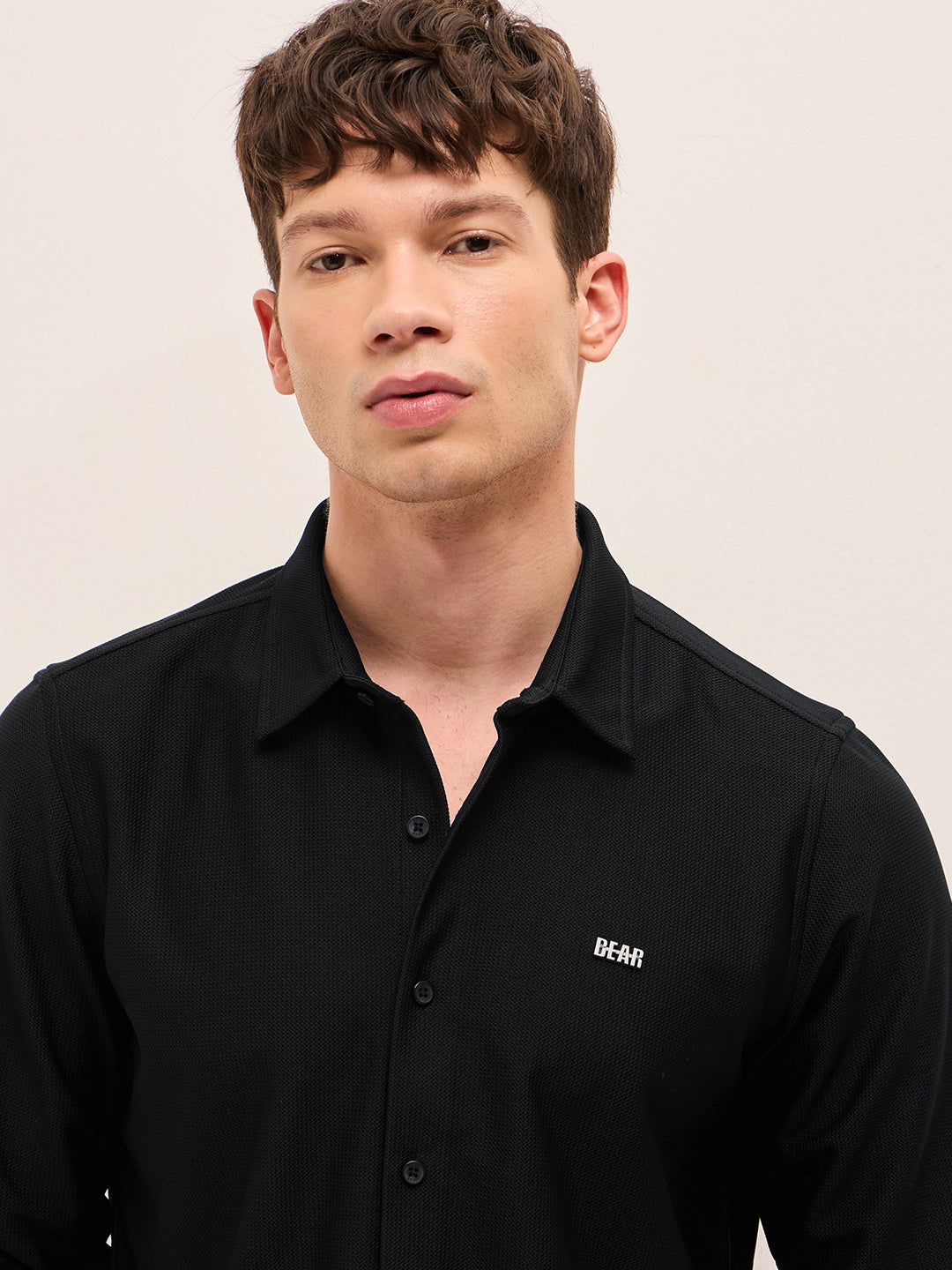 black woven textured regular fit casual shirt black woven textured regular fit casual shirt