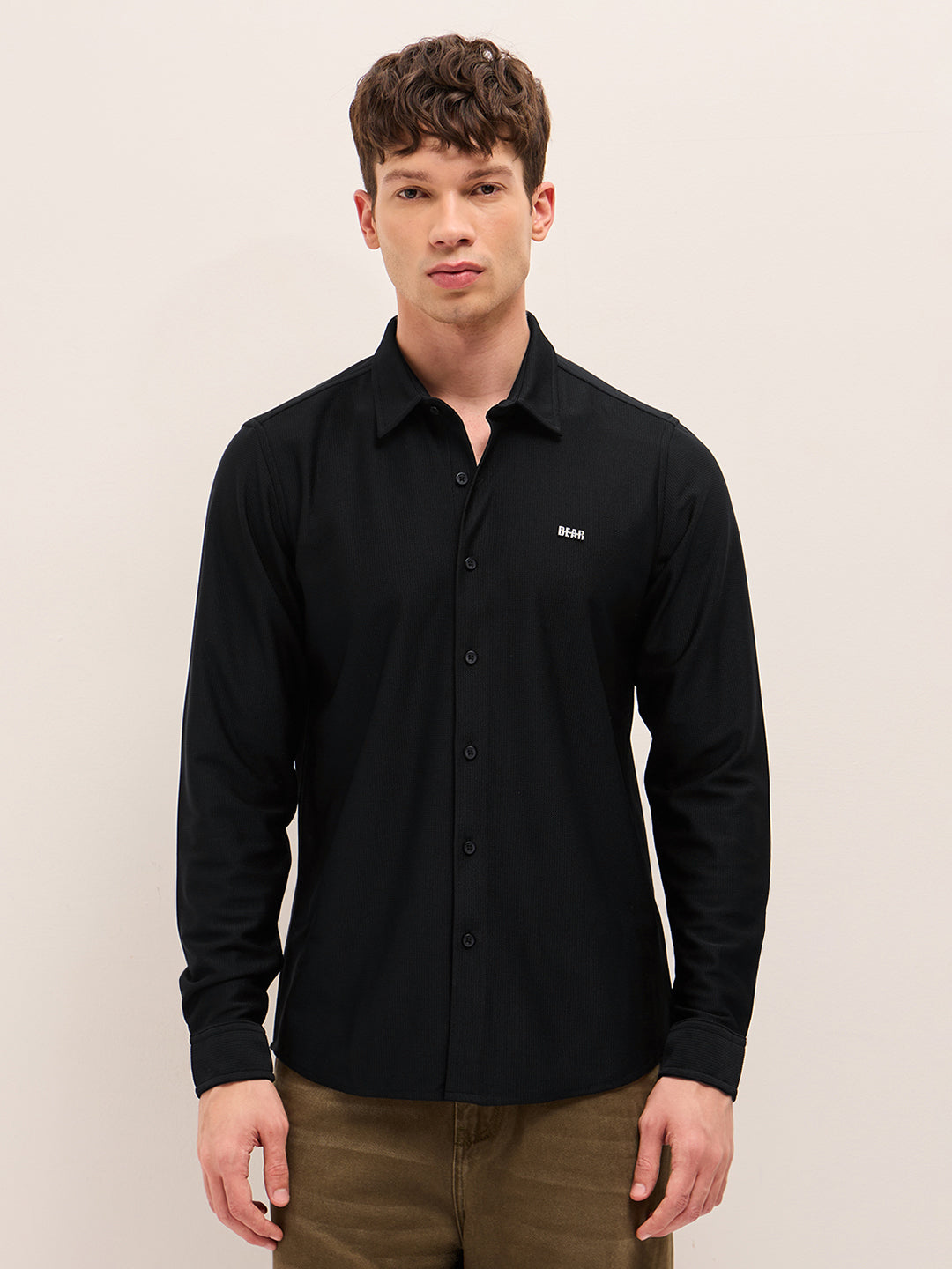 black woven textured regular fit casual shirt black woven textured regular fit casual shirt