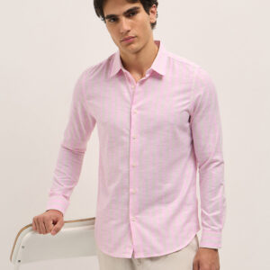 pink with beige vertical stripes slim fit casual shirt