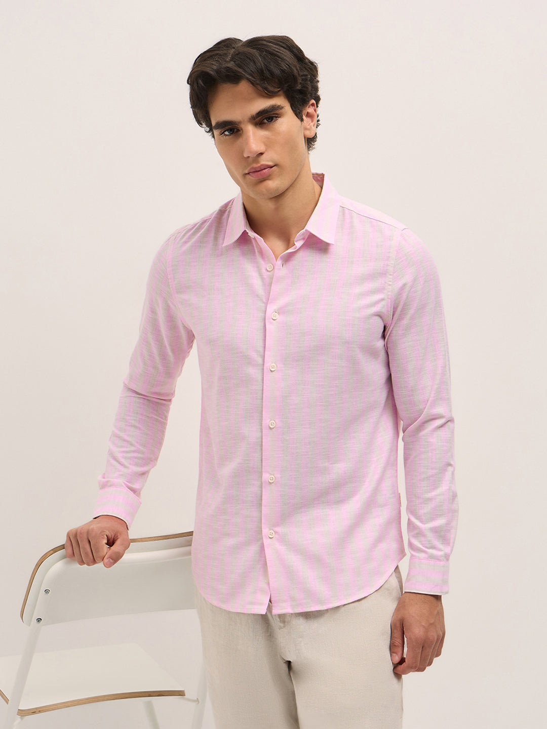 pink with beige vertical stripes slim fit casual shirt pink with beige vertical stripes slim fit casual shirt