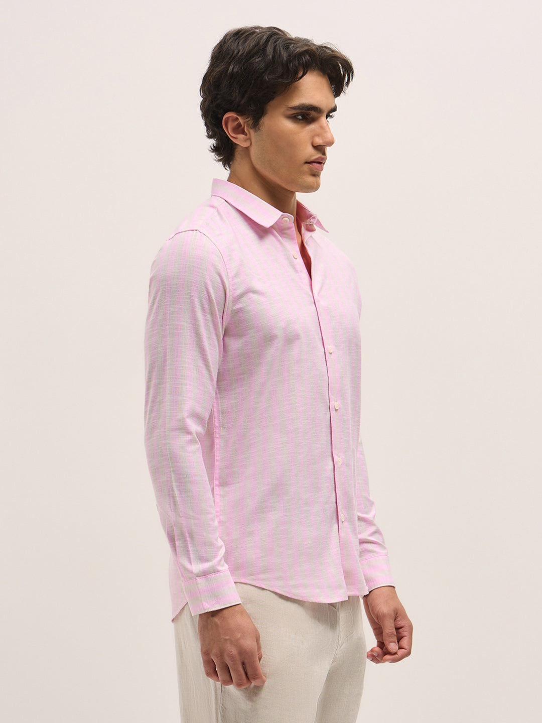 pink with beige vertical stripes slim fit casual shirt pink with beige vertical stripes slim fit casual shirt