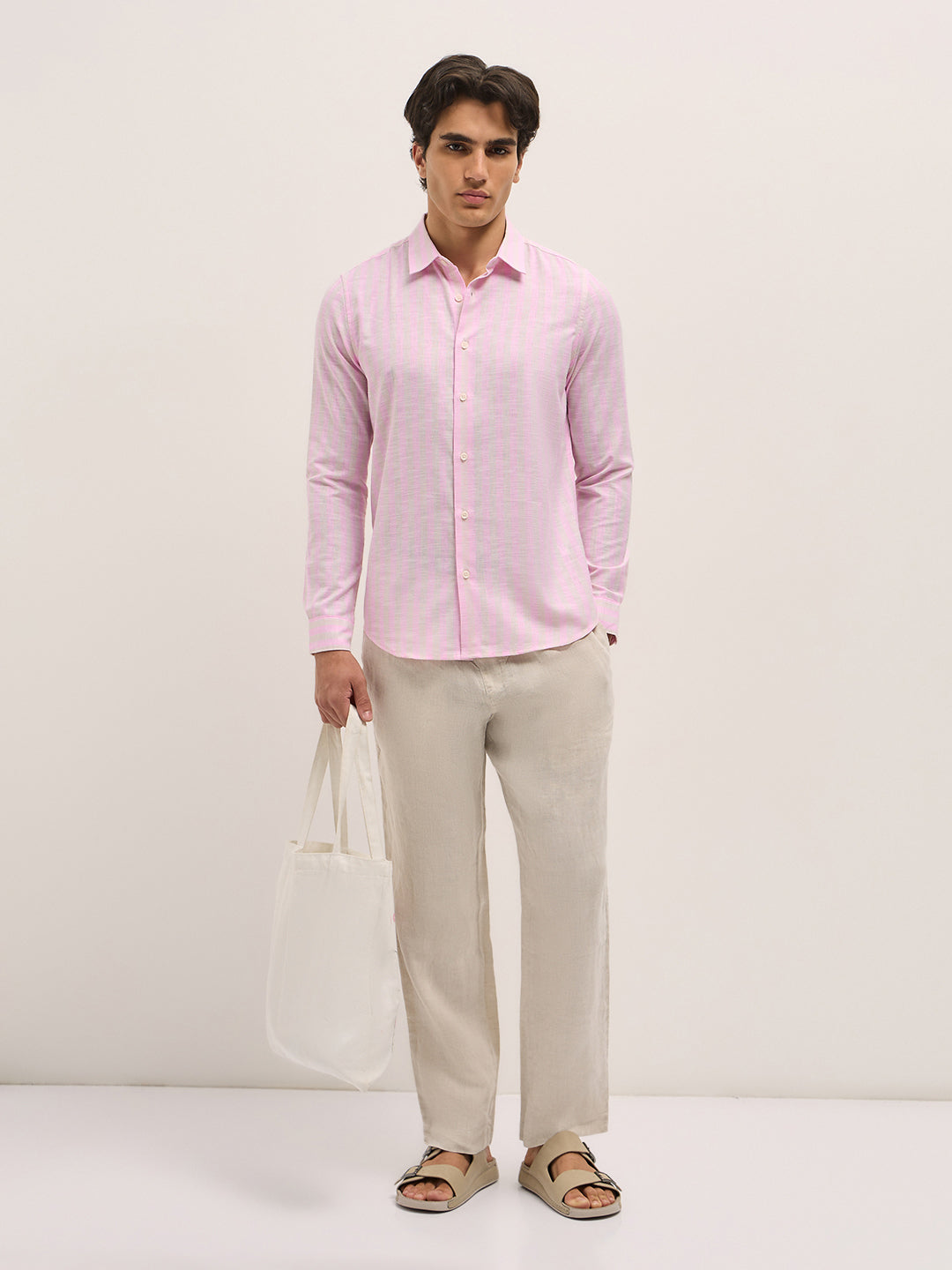 pink with beige vertical stripes slim fit casual shirt pink with beige vertical stripes slim fit casual shirt
