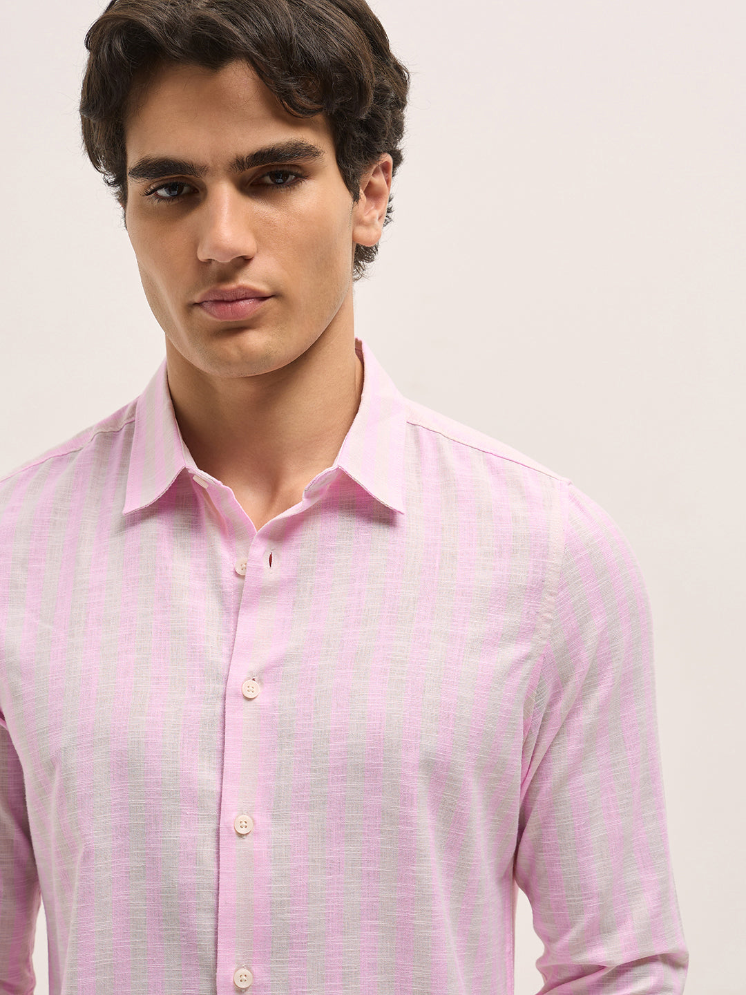 pink with beige vertical stripes slim fit casual shirt pink with beige vertical stripes slim fit casual shirt