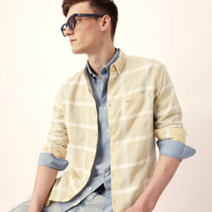 light yellow woven windowpane check slim fit casual shirt
