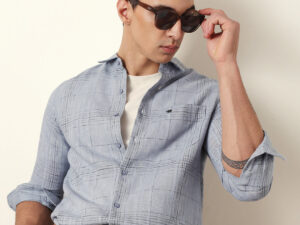 blue woven checked slim fit casual shirt