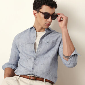 blue woven checked slim fit casual shirt