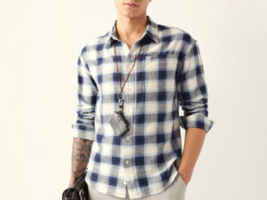 blue & white herringbone check relaxed fit overshirt