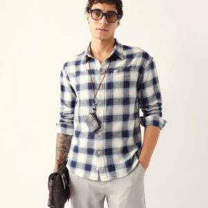 blue & white herringbone check relaxed fit overshirt