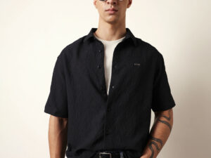 black all over textured leaf motif oversized shirt with half sleeves