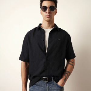black all over textured leaf motif oversized shirt with half sleeves