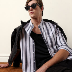 white & grey vertical stripes slim fit cotton casual shirt