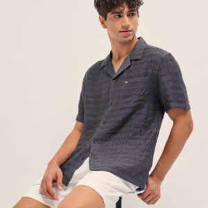 grey zigzag textured weave relaxed fit half sleeve casual shirt