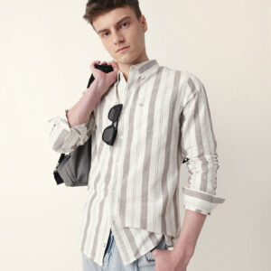 cream with brown woven vertical stripes slim fit casual shirt