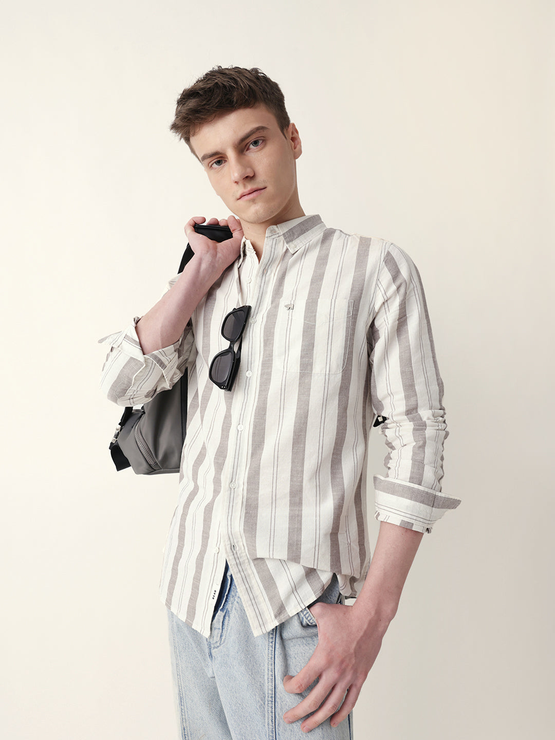 cream with brown woven vertical stripes slim fit casual shirt cream with brown woven vertical stripes slim fit casual shirt