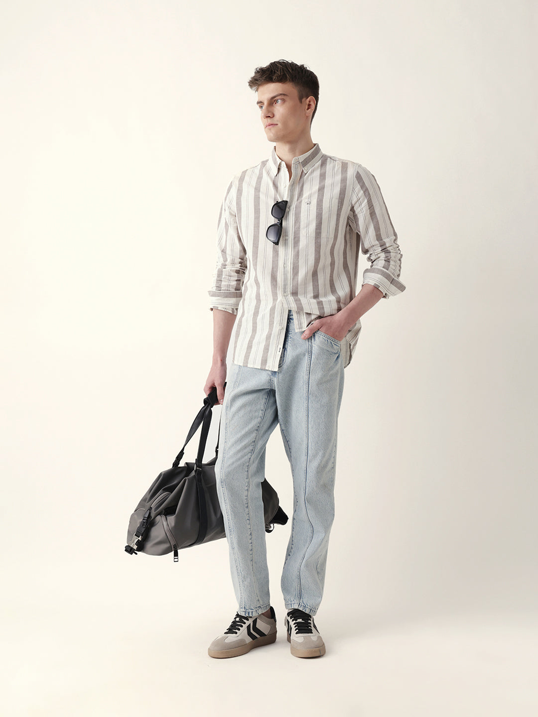 cream with brown woven vertical stripes slim fit casual shirt cream with brown woven vertical stripes slim fit casual shirt
