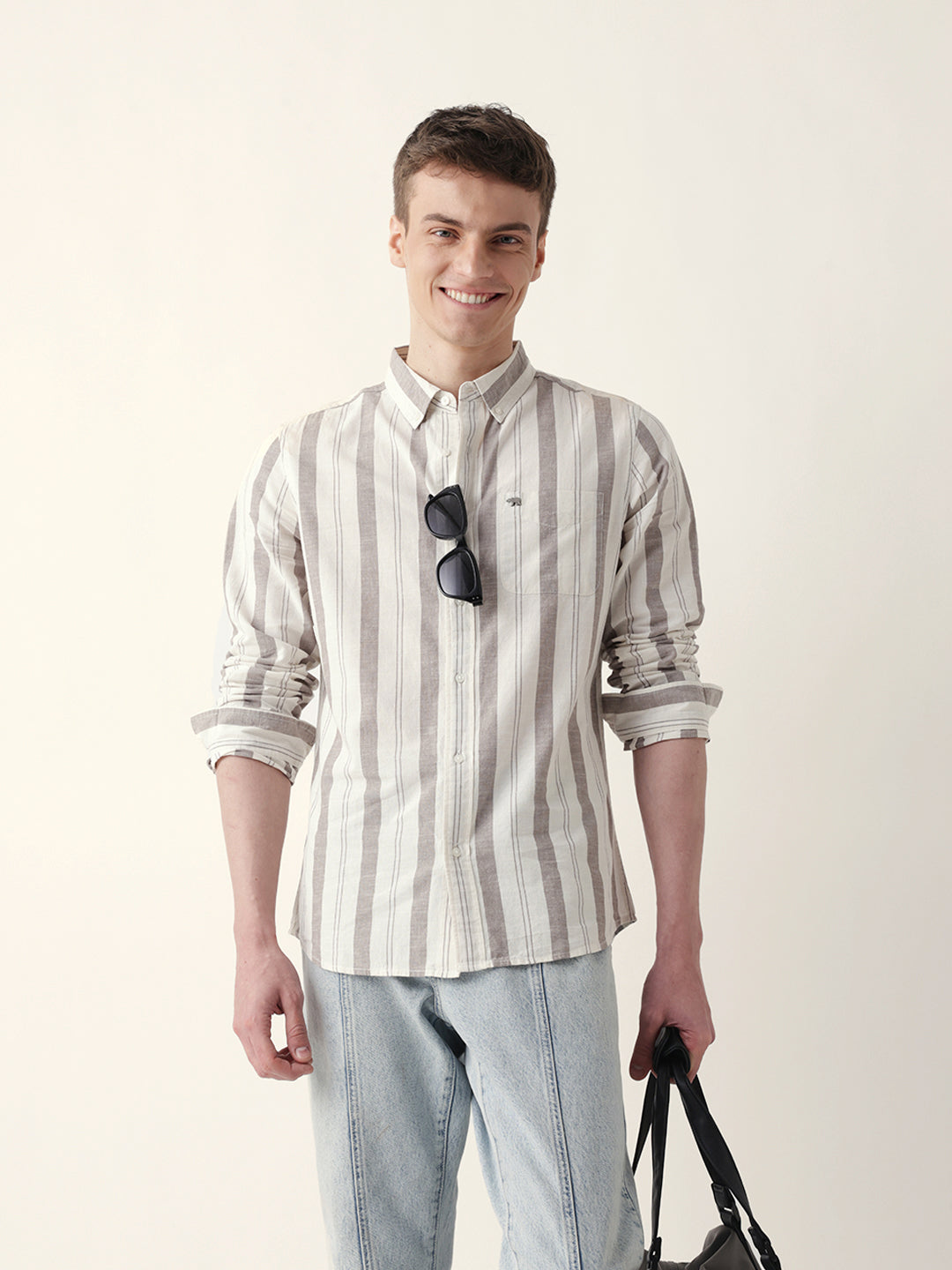 cream with brown woven vertical stripes slim fit casual shirt cream with brown woven vertical stripes slim fit casual shirt