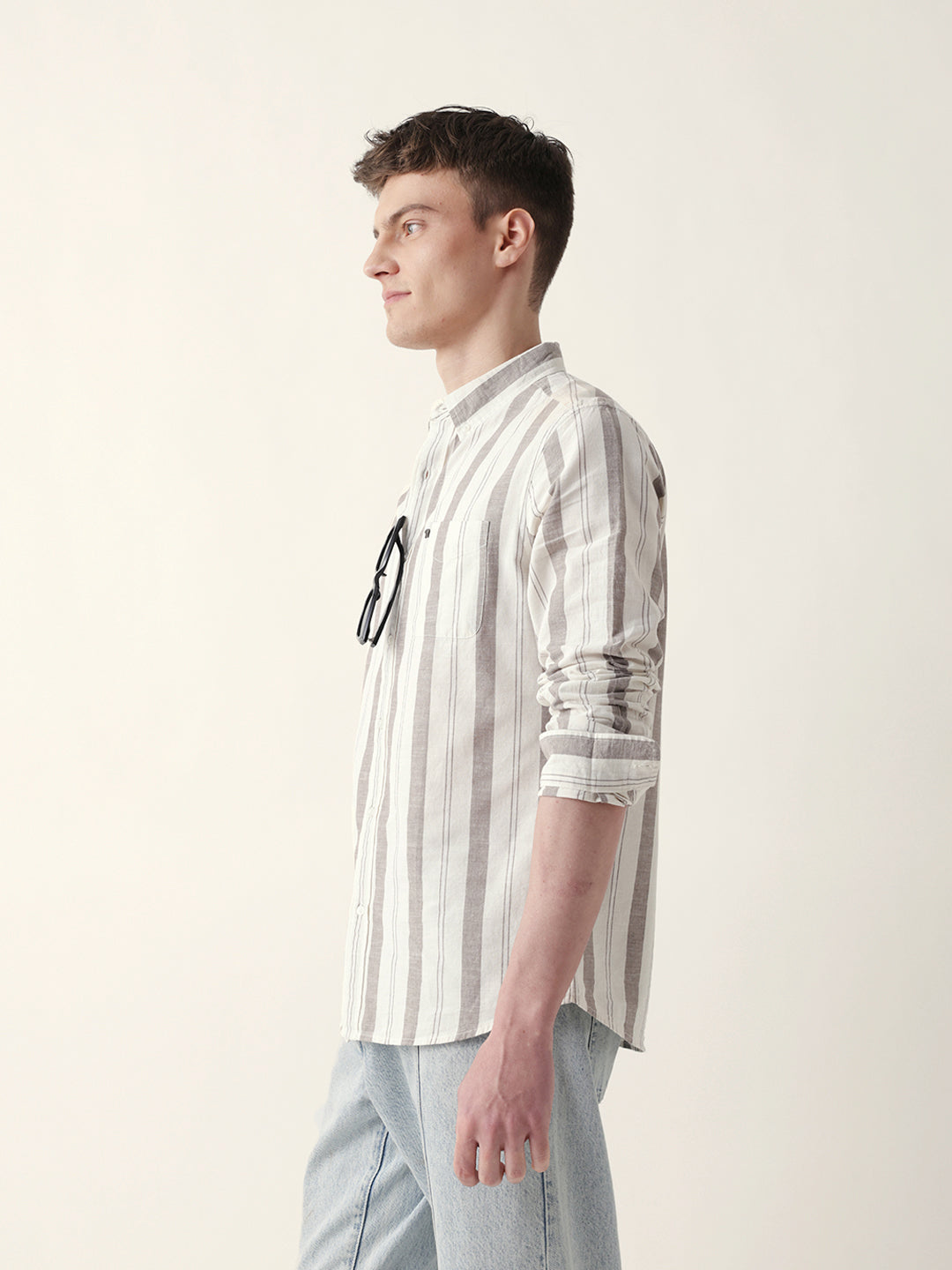 cream with brown woven vertical stripes slim fit casual shirt cream with brown woven vertical stripes slim fit casual shirt