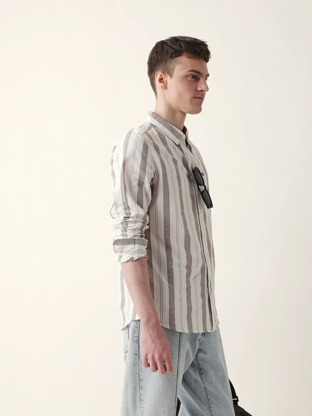 cream with brown woven vertical stripes slim fit casual shirt cream with brown woven vertical stripes slim fit casual shirt