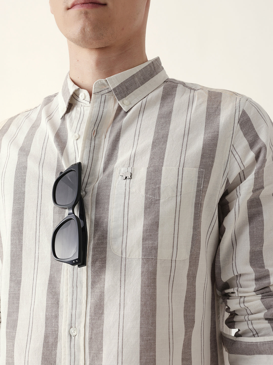 cream with brown woven vertical stripes slim fit casual shirt cream with brown woven vertical stripes slim fit casual shirt