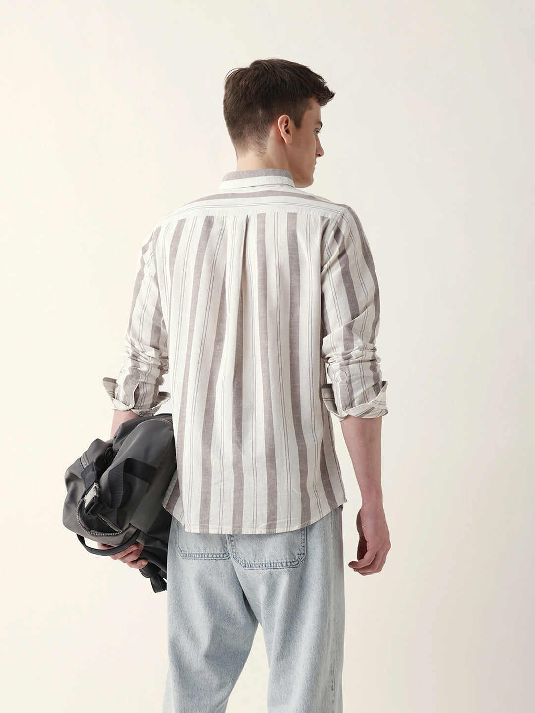 cream with brown woven vertical stripes slim fit casual shirt cream with brown woven vertical stripes slim fit casual shirt