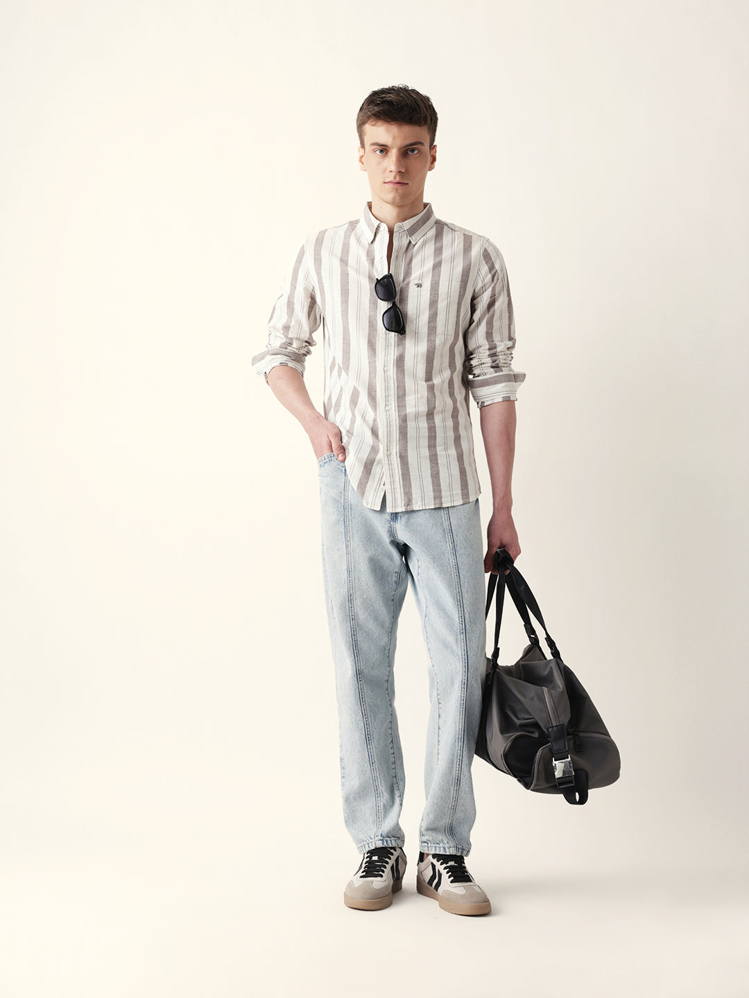 cream with brown woven vertical stripes slim fit casual shirt cream with brown woven vertical stripes slim fit casual shirt