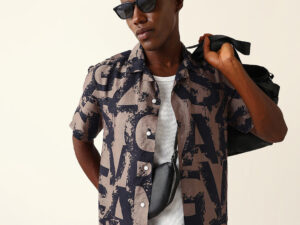 black & brown bold typographic print cuban collar relaxed fit casual shirt
