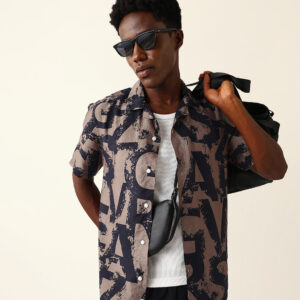 black & brown bold typographic print cuban collar relaxed fit casual shirt