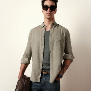 olive textured woven striped slim fit casual shirt