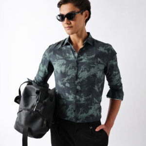 sage green slim fit abstract brush print casual shirt