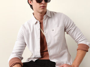 beige & white slim fit casual shirt with vertical pine stripes