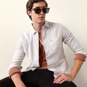 beige & white slim fit casual shirt with vertical pine stripes