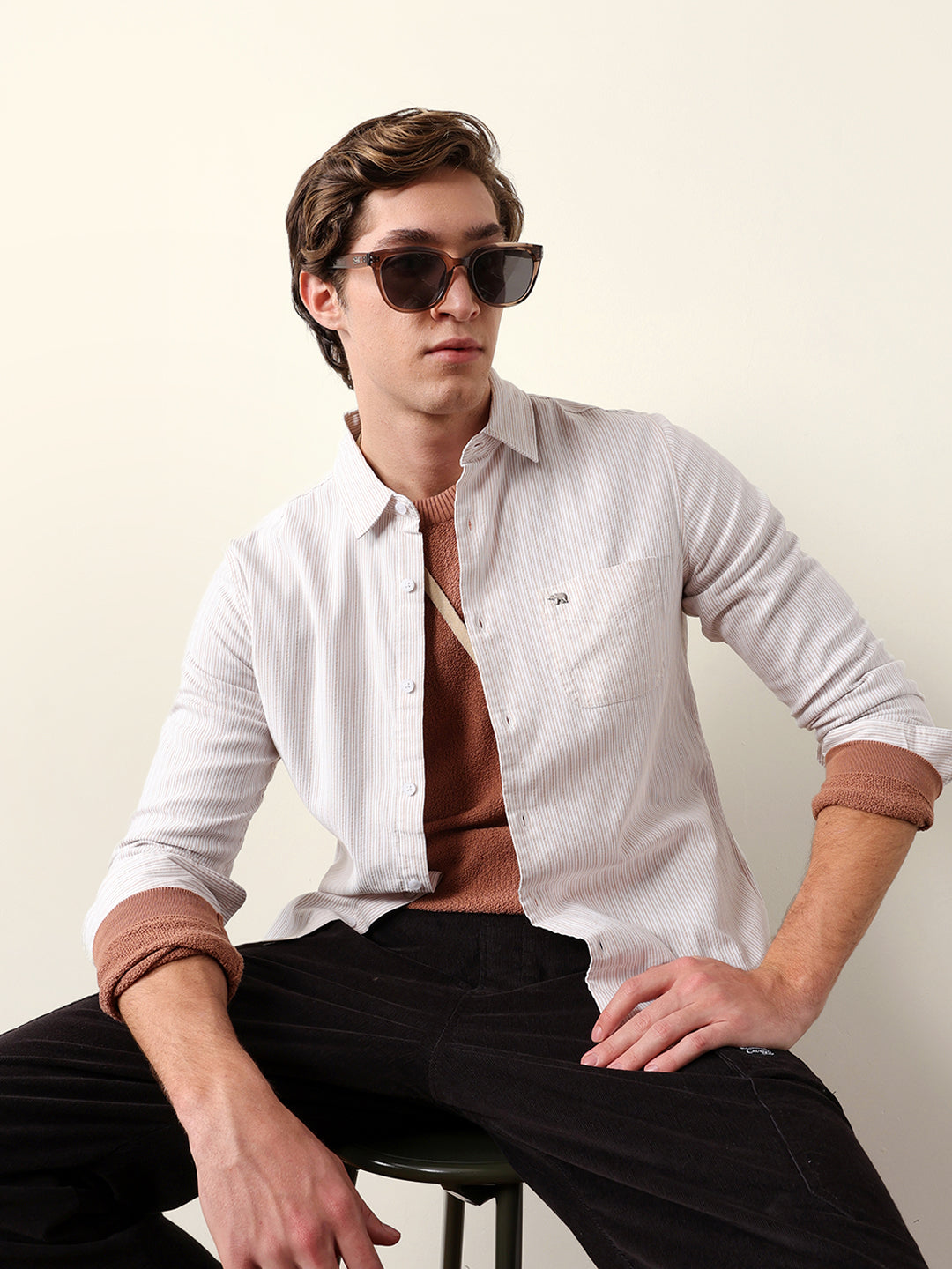 beige & white slim fit casual shirt with vertical pine stripes beige & white slim fit casual shirt with vertical pine stripes
