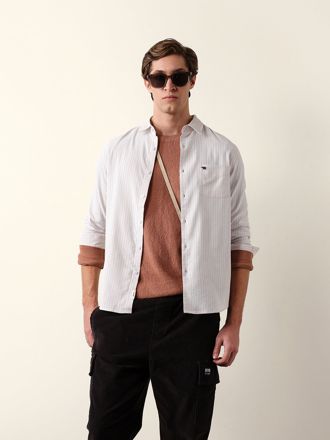 beige & white slim fit casual shirt with vertical pine stripes beige & white slim fit casual shirt with vertical pine stripes