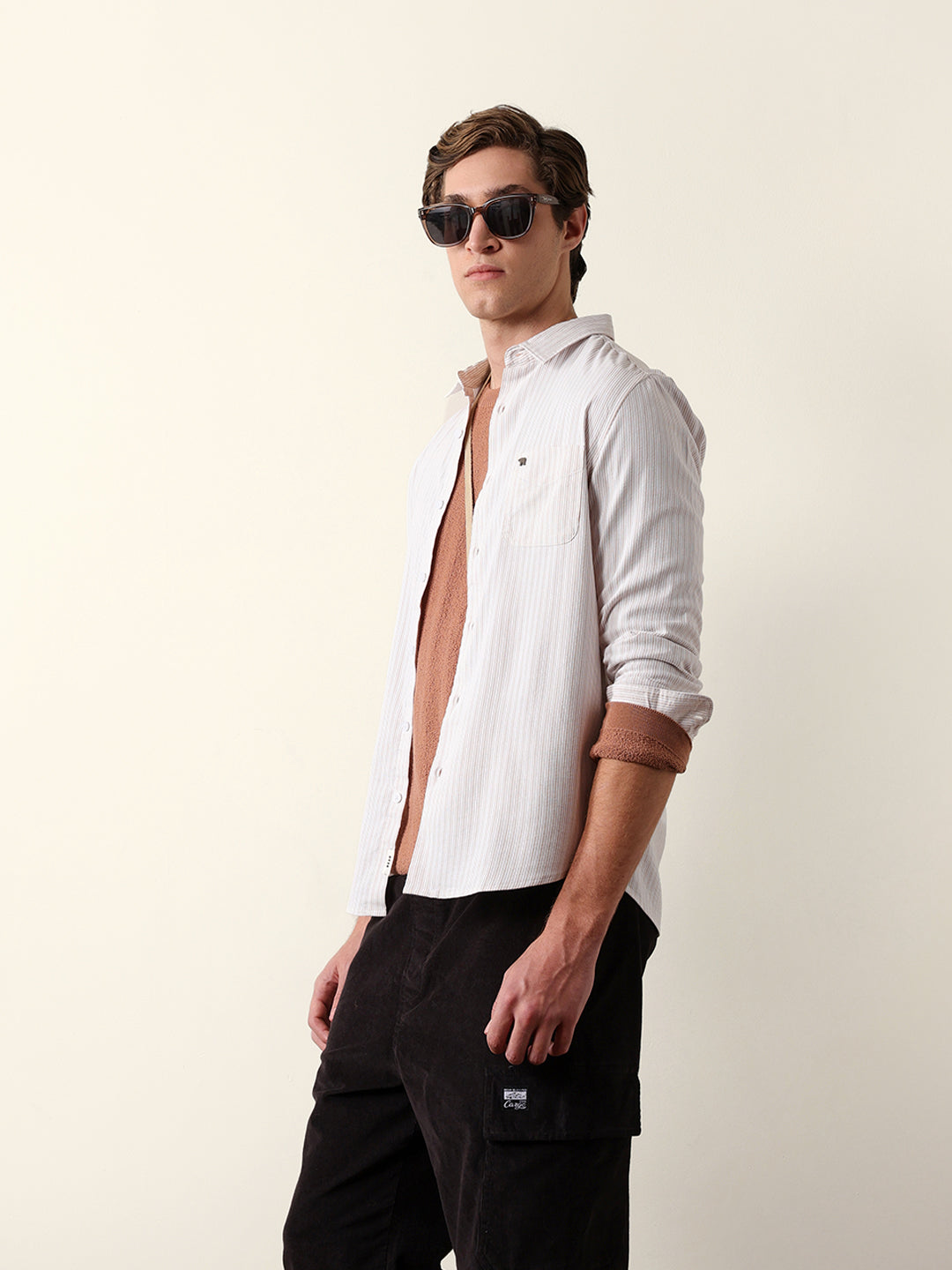 beige & white slim fit casual shirt with vertical pine stripes beige & white slim fit casual shirt with vertical pine stripes