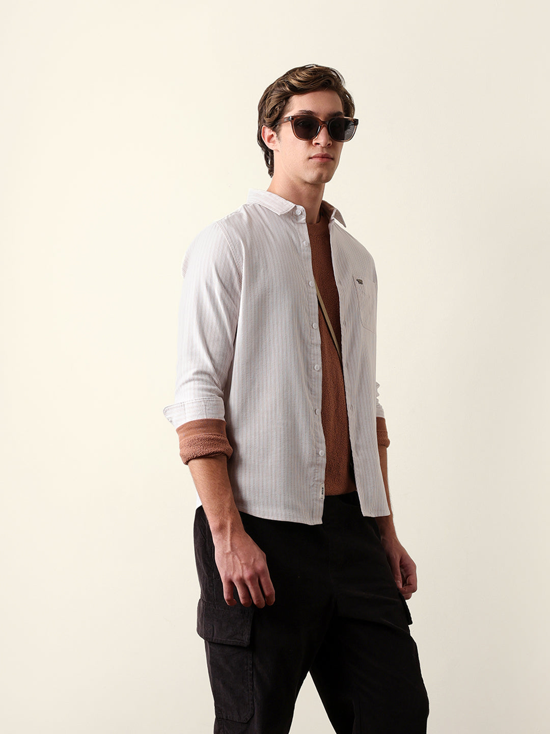 beige & white slim fit casual shirt with vertical pine stripes beige & white slim fit casual shirt with vertical pine stripes