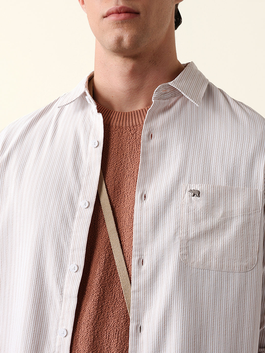 beige & white slim fit casual shirt with vertical pine stripes beige & white slim fit casual shirt with vertical pine stripes
