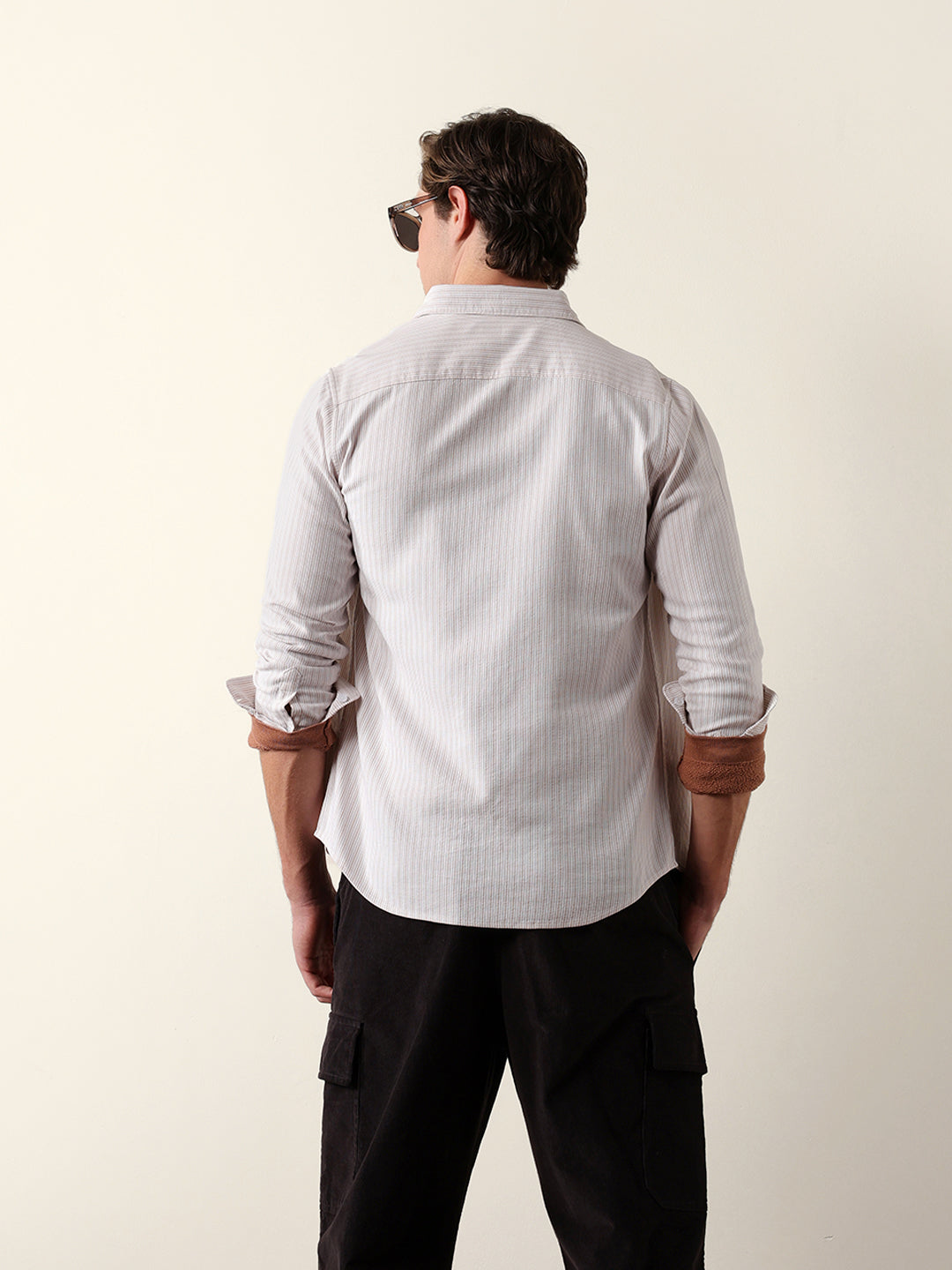 beige & white slim fit casual shirt with vertical pine stripes beige & white slim fit casual shirt with vertical pine stripes