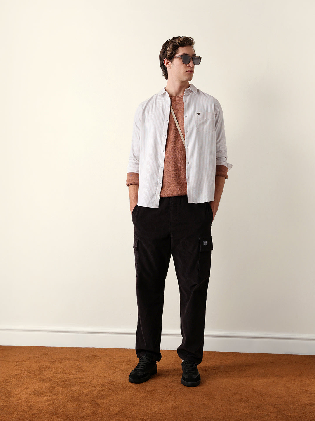 beige & white slim fit casual shirt with vertical pine stripes beige & white slim fit casual shirt with vertical pine stripes