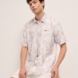 peach and white leafy botanical print relaxed fit casual shirt