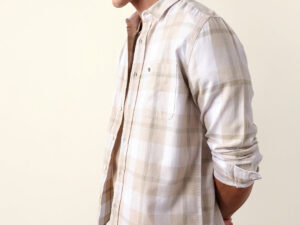 beige & green checked flannel regular fit casual shirt