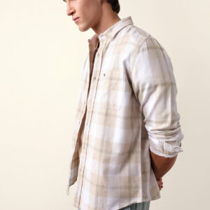 beige & green checked flannel regular fit casual shirt