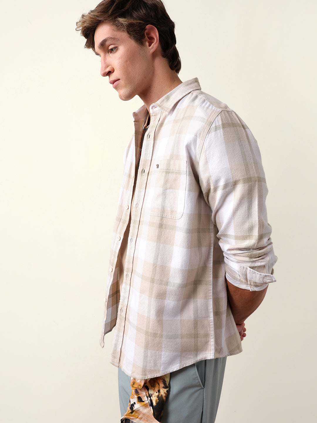 beige & green checked flannel regular fit casual shirt beige & green checked flannel regular fit casual shirt