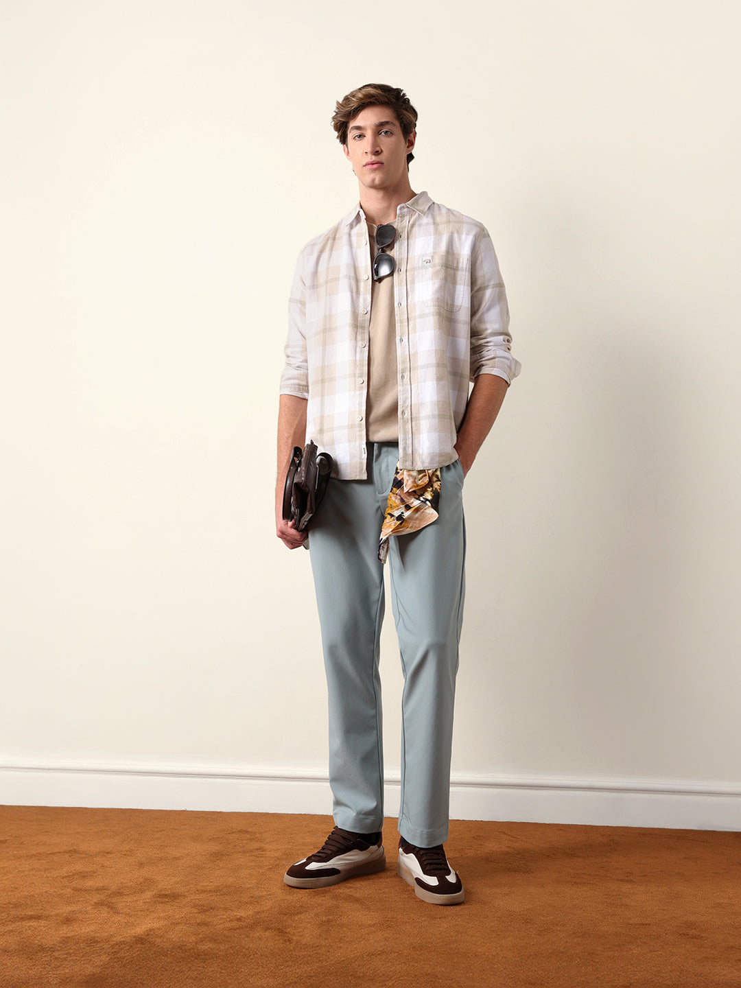 beige & green checked flannel regular fit casual shirt beige & green checked flannel regular fit casual shirt