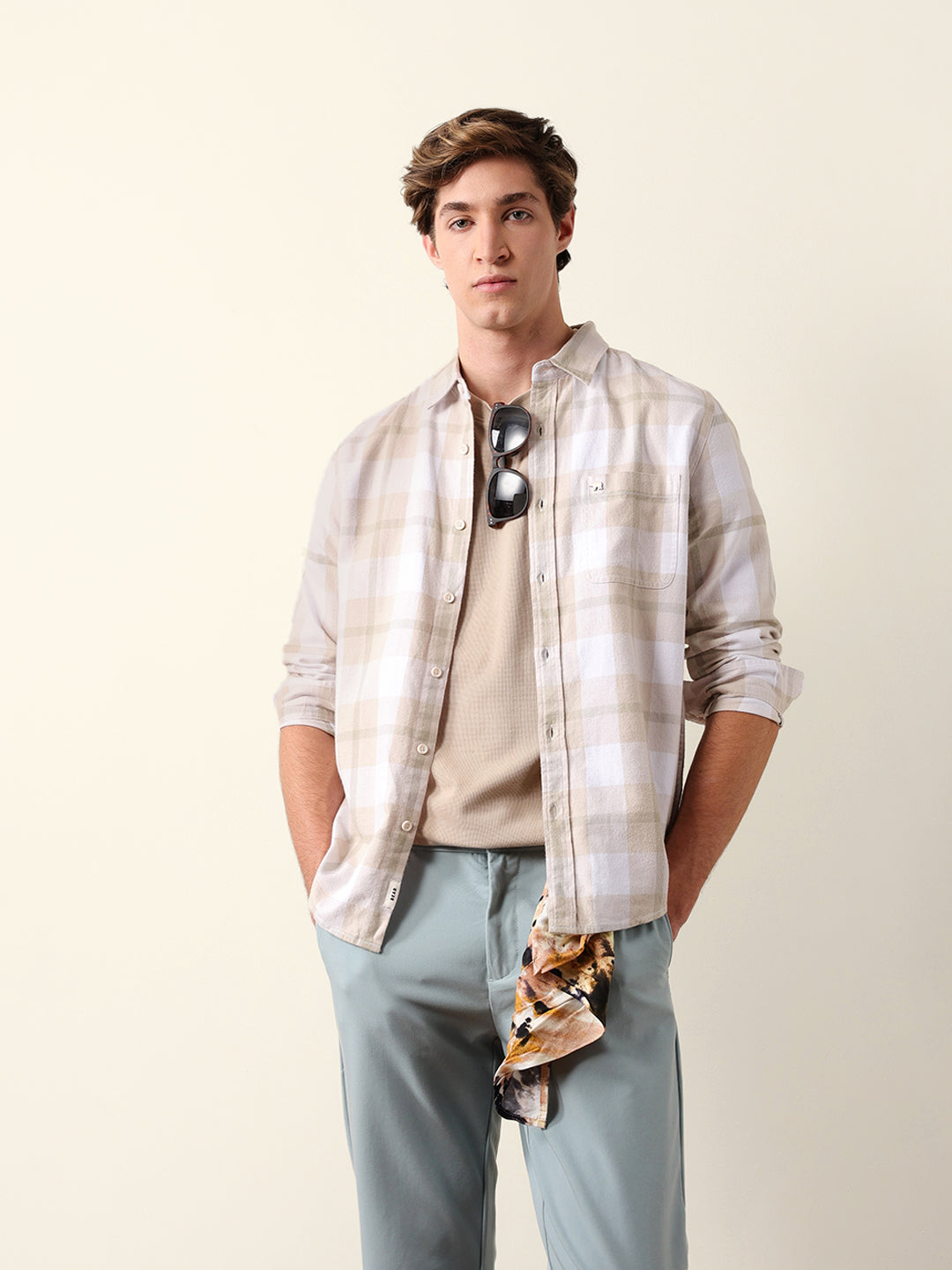 beige & green checked flannel regular fit casual shirt beige & green checked flannel regular fit casual shirt