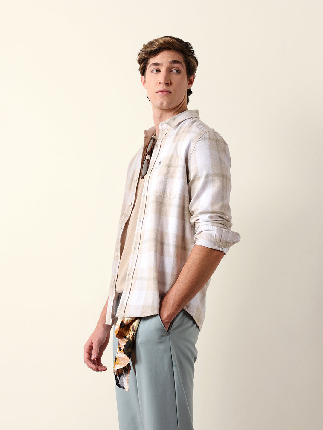 beige & green checked flannel regular fit casual shirt beige & green checked flannel regular fit casual shirt